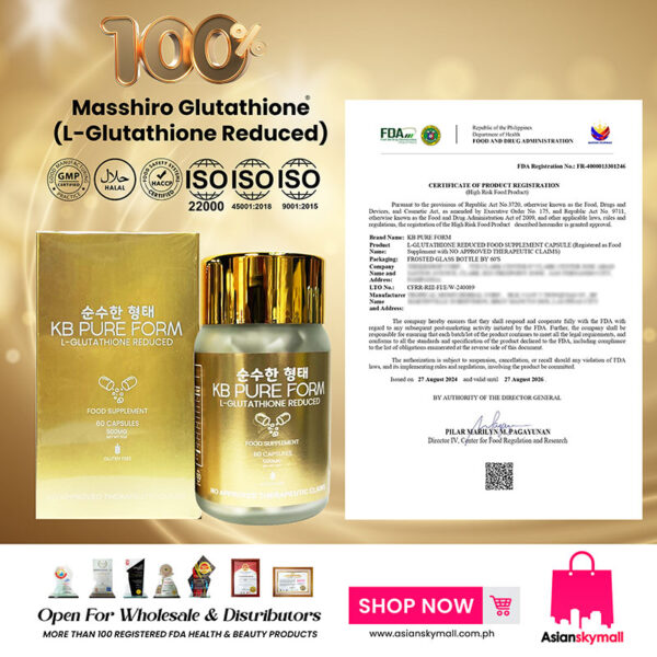KB PURE FORM MASSHIRO GLUTATHIONE® (L-Glutathione Reduced) 60 Capsules 500mg - Image 12